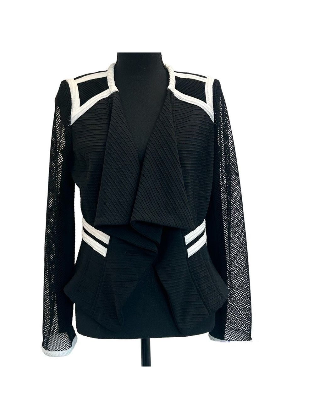 FRANK Lyman black mesh sleeve white trim open front blazer Sz 8 NWOT